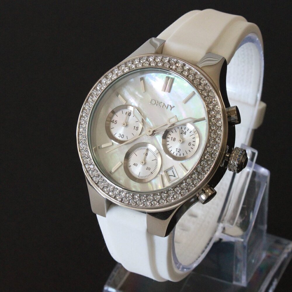 DNKY Women's Chronograph Crystal Bezel Mother Of Pearl Dial Silicone Strap 38mm - Picture 4 of 14